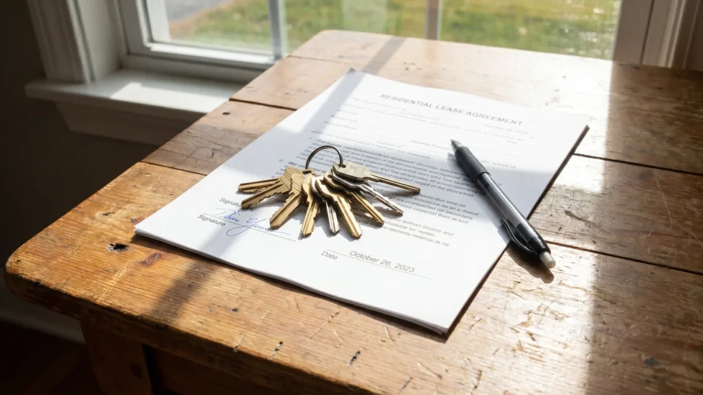 Clés de logement posées sur un contrat de bail de location