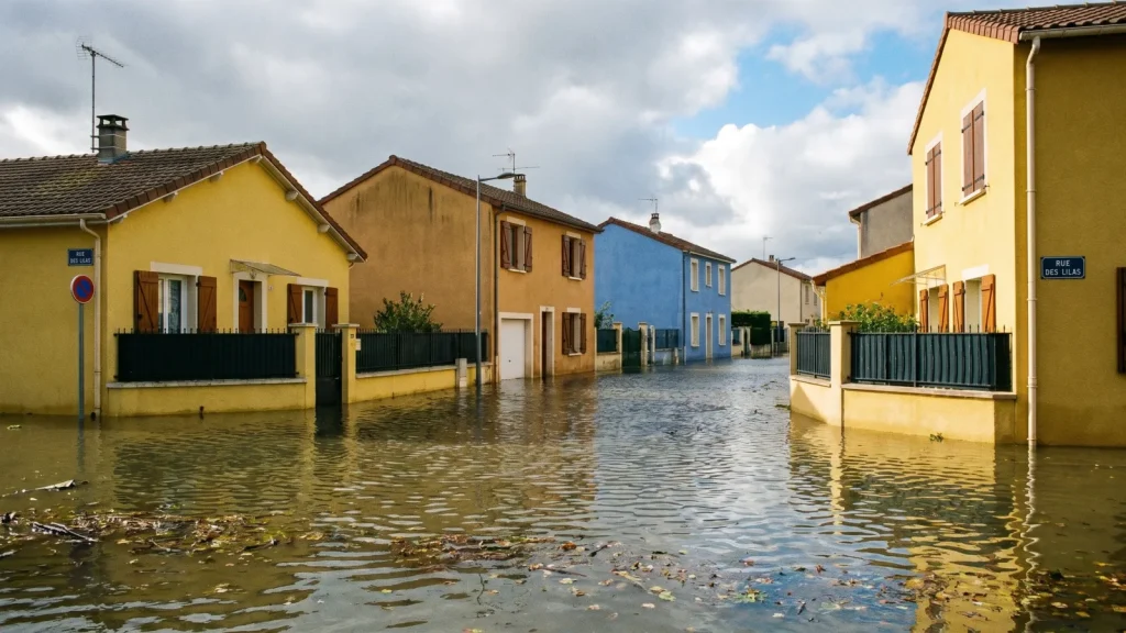 Rue résidentielle inondée après une catastrophe naturelle