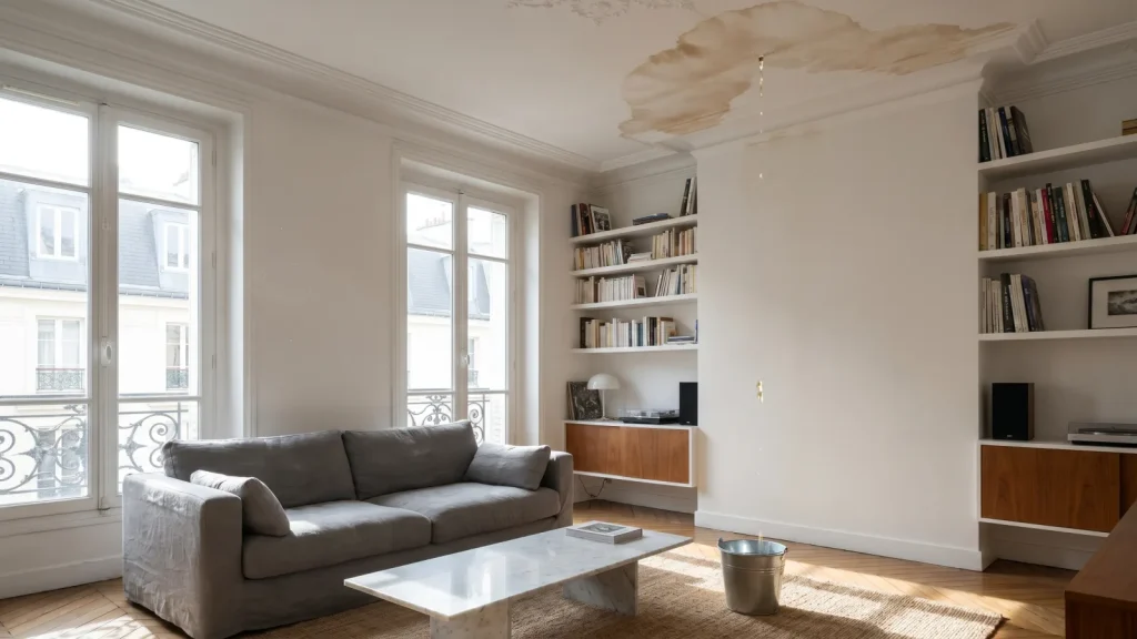 Dégât des eaux : tache d'humidité au plafond d'un salon