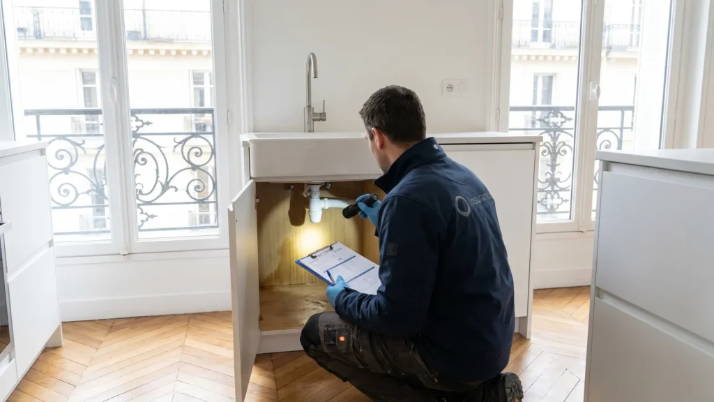 Expert d'assurance inspectant un dégât des eaux
