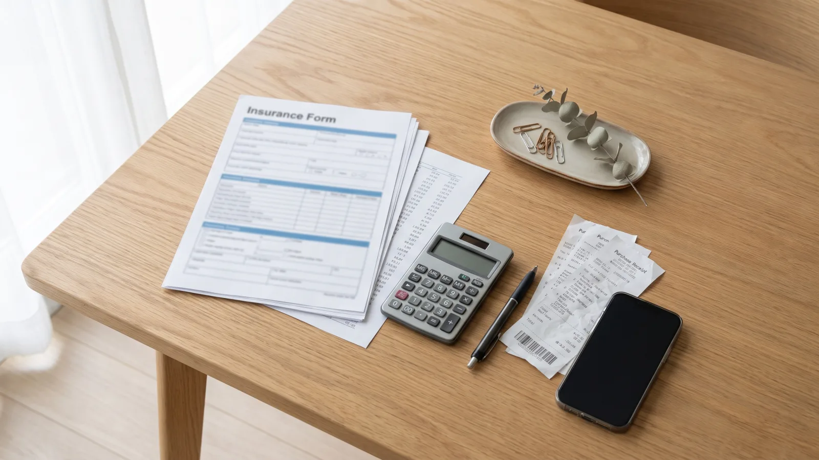 Calculatrice, factures et tableau de chiffres sur une table en bois