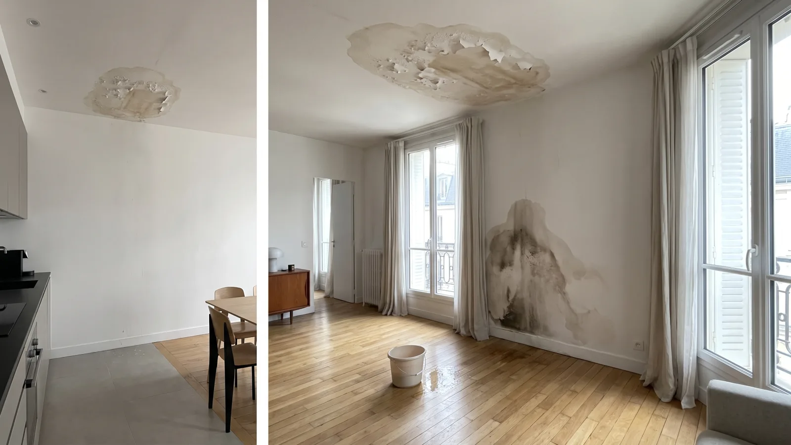 Plafond taché et mur humide après un dégât des eaux dans un appartement clair