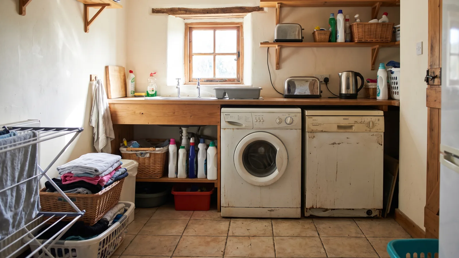Lave-linge et lave-vaisselle anciens dans une buanderie claire
