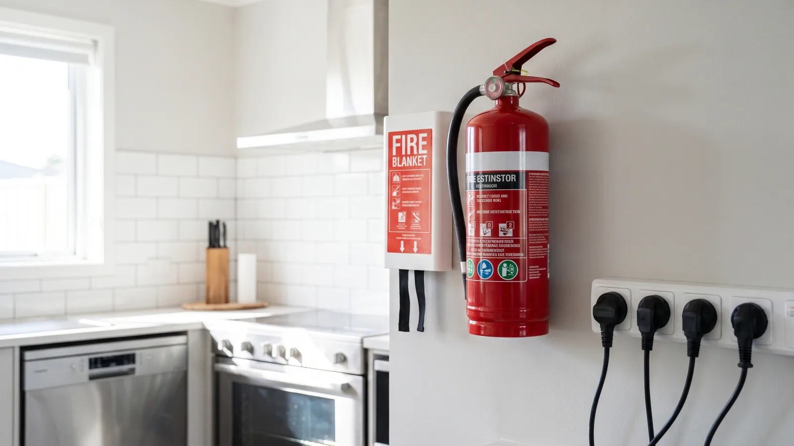 Extincteur et couverture anti-feu dans une cuisine moderne