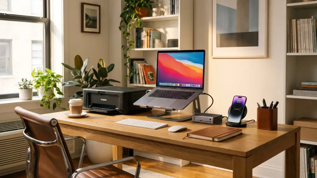 Matériel professionnel de télétravail sur un bureau à domicile