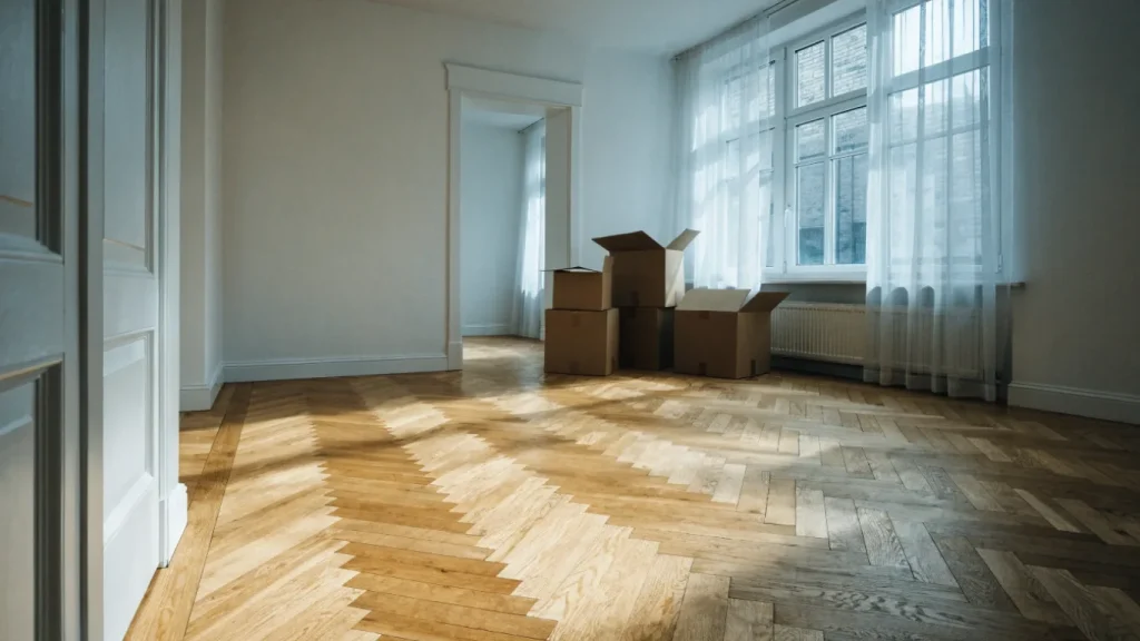 Séjour vide avec quelques cartons de déménagement devant une fenêtre