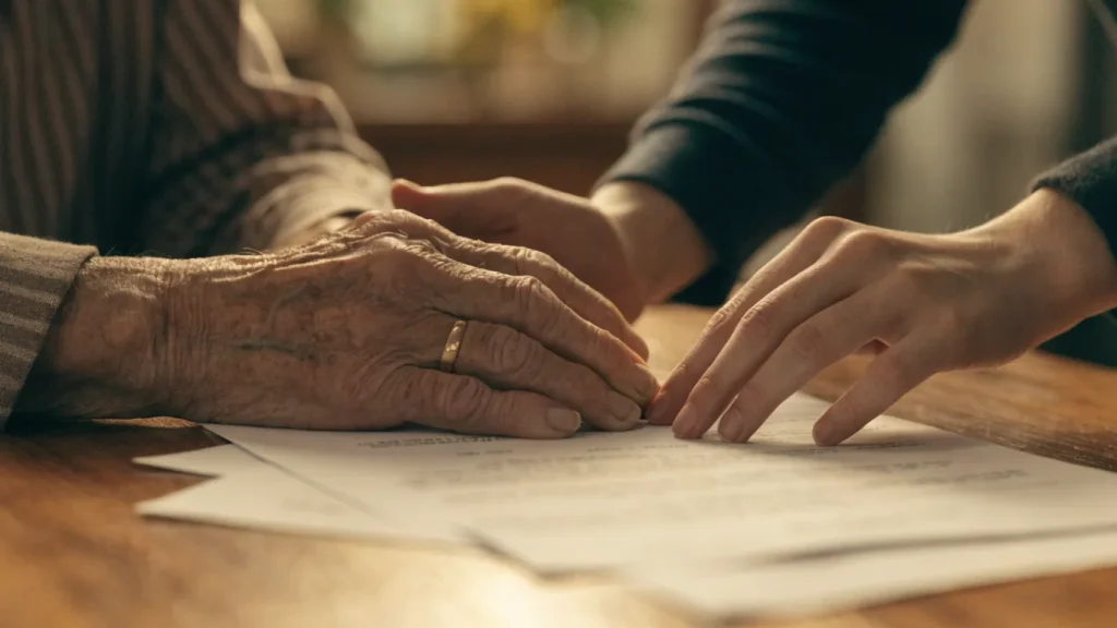 Mains d'une personne âgée et d'une personne plus jeune au-dessus de documents de succession