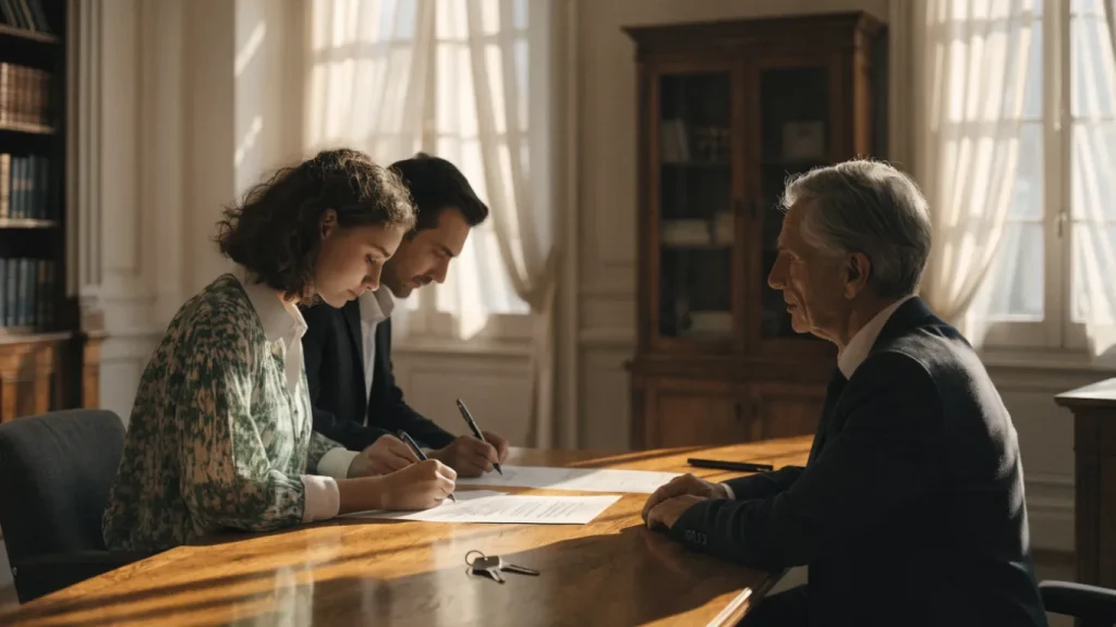 Couple signant l'acte authentique d'achat devant un notaire, clés posées sur le bureau